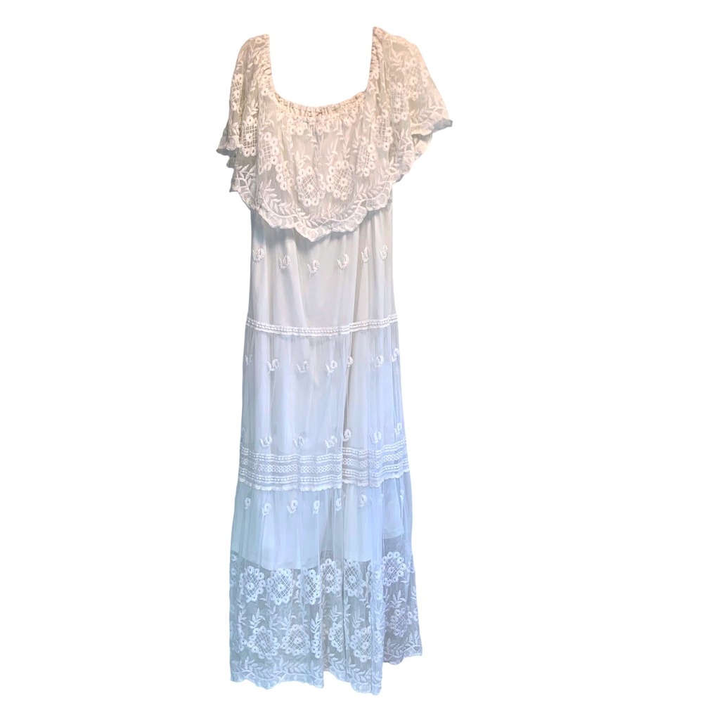 White Birch Maxi Dress XL White Lace Off Shoulder Boho Tiered Cotton D90134XL